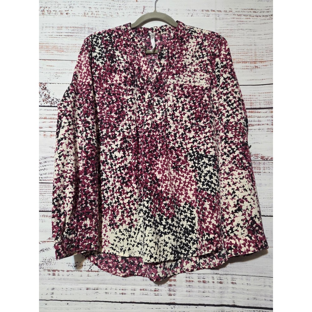 NY Collection Petite XL Blouse Magenta Abstract Houndstooth Henley Office